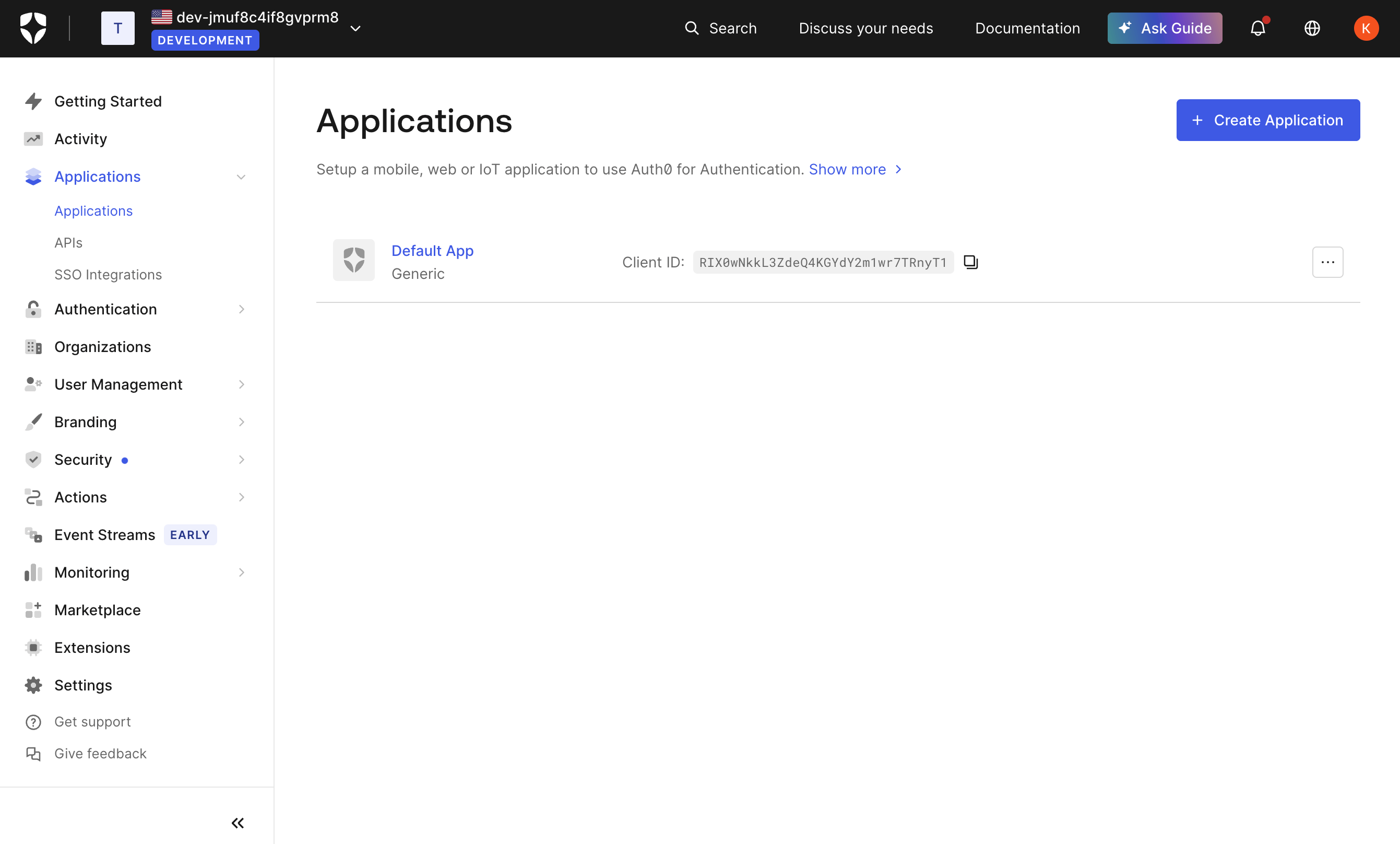 Auth0 Applications Dashboard